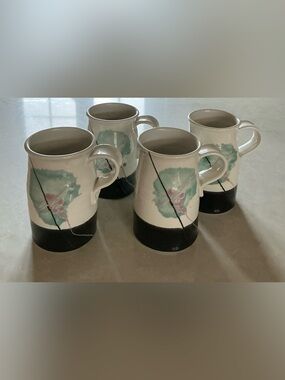 Handcrafted Ceramic Mugs with Green Floral Accent